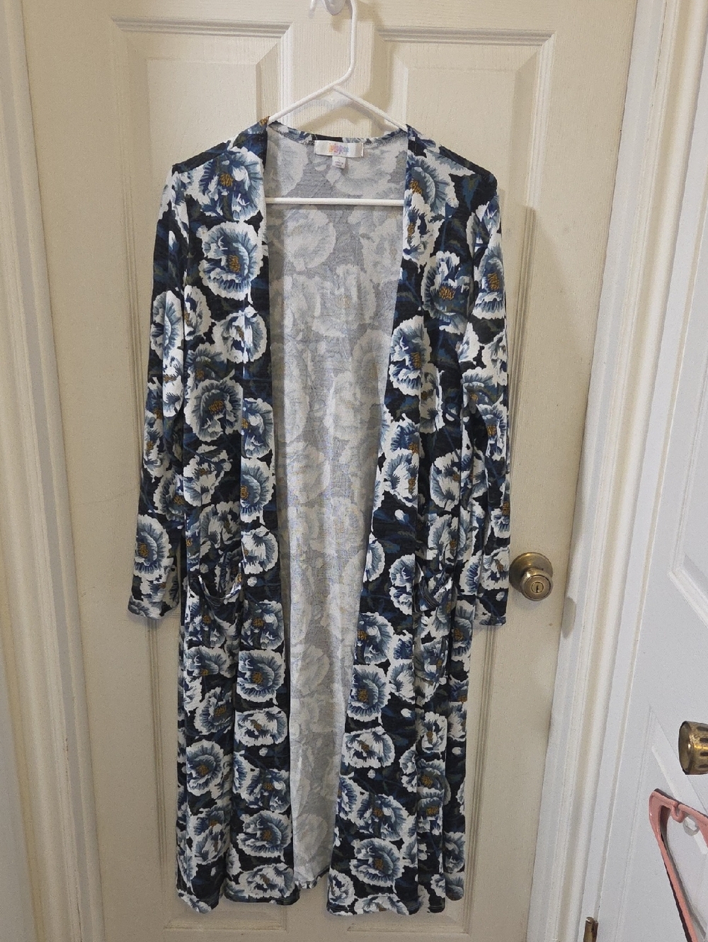 LuLaRoe Navy, Blue & White Floral Open-Front Long Cardigan